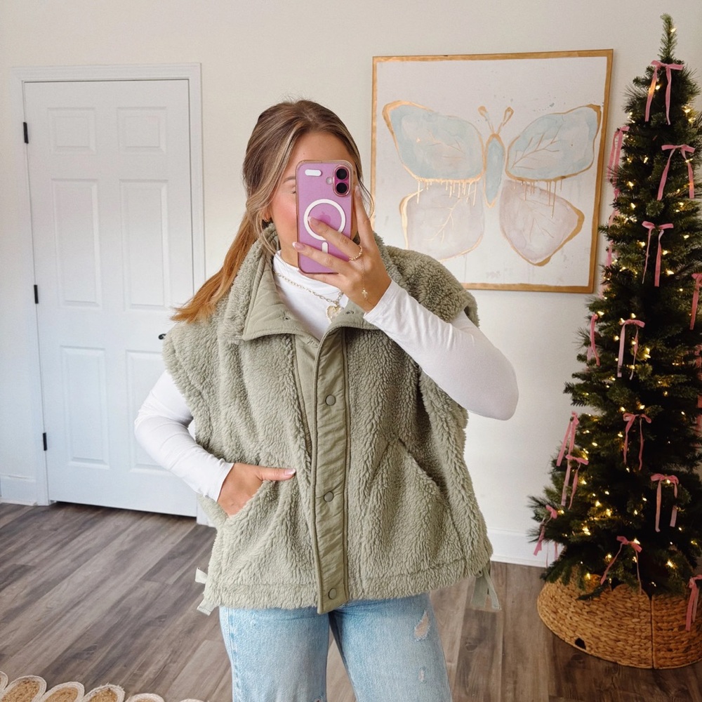 Olive Green Women's Sherpa Vest with bows on side
